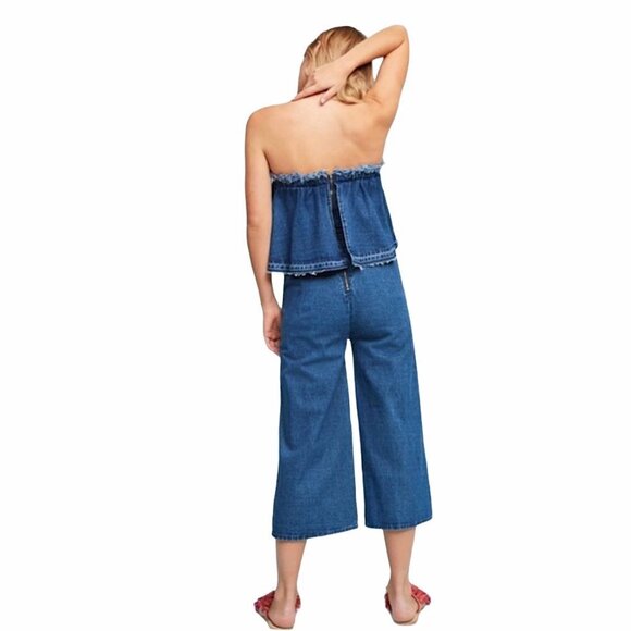 JOA LA Wide Leg Cropped Strapless Denim Jumpsuit - Picture 4 of 9